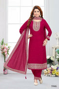 Vibrant Rani colored Muslin Silk 3-piece kurta set with matching dupatta.