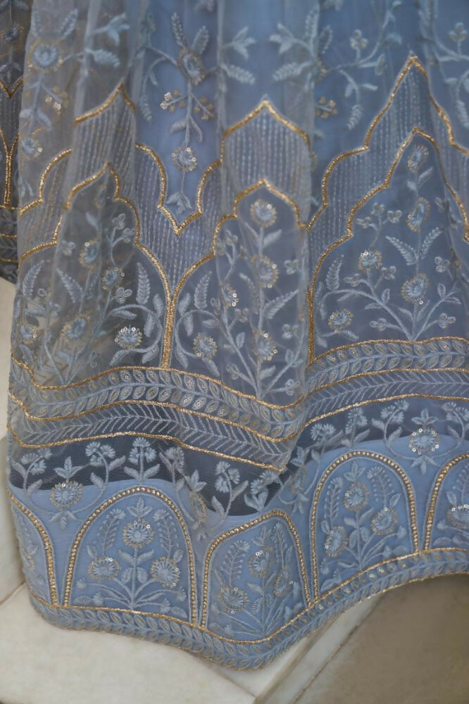 Light Blue Gray Butterfly Net Embroidered Wedding Lehenga Choli