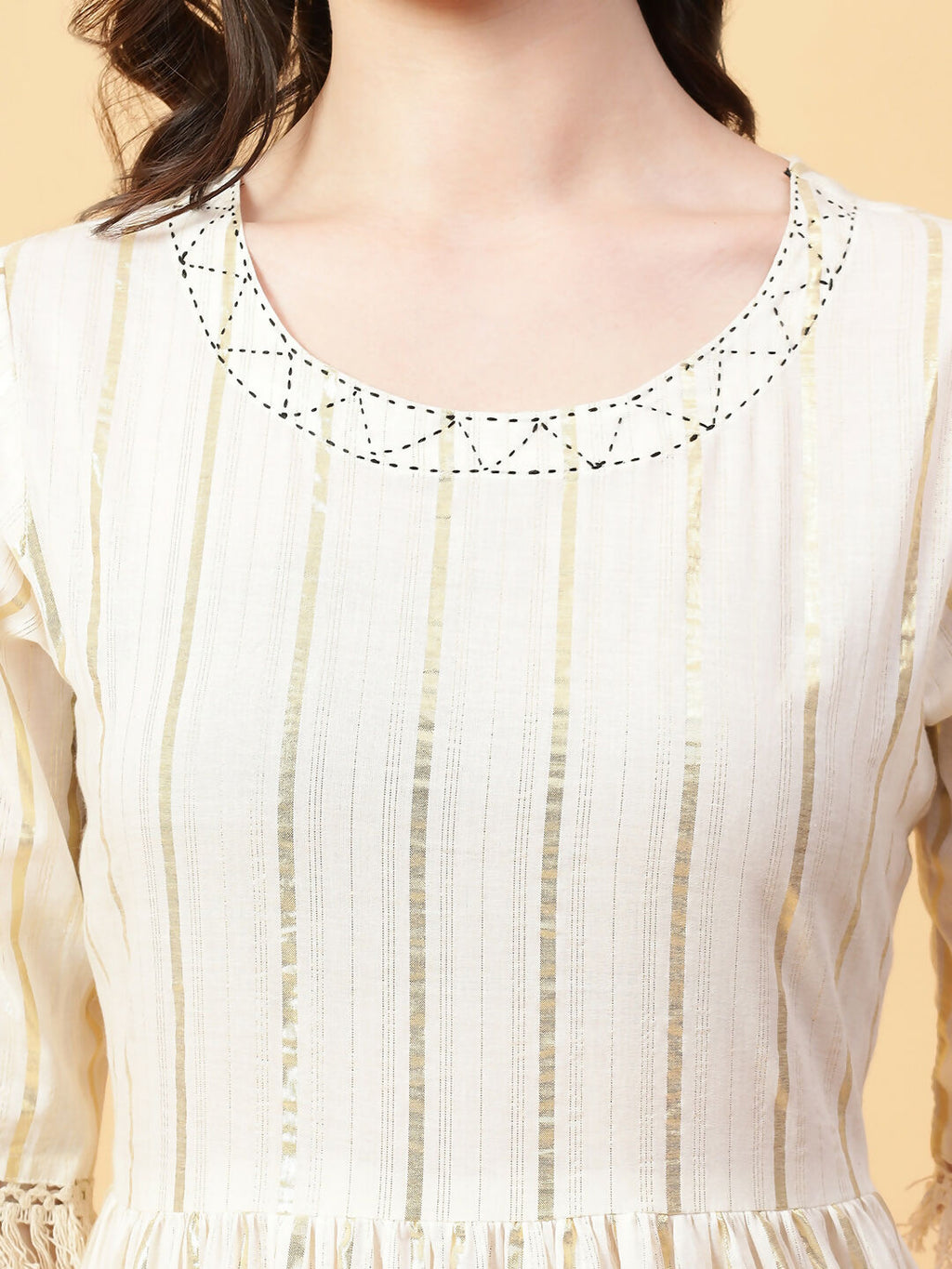 Cream Cotton Lurex Hand Work Dress