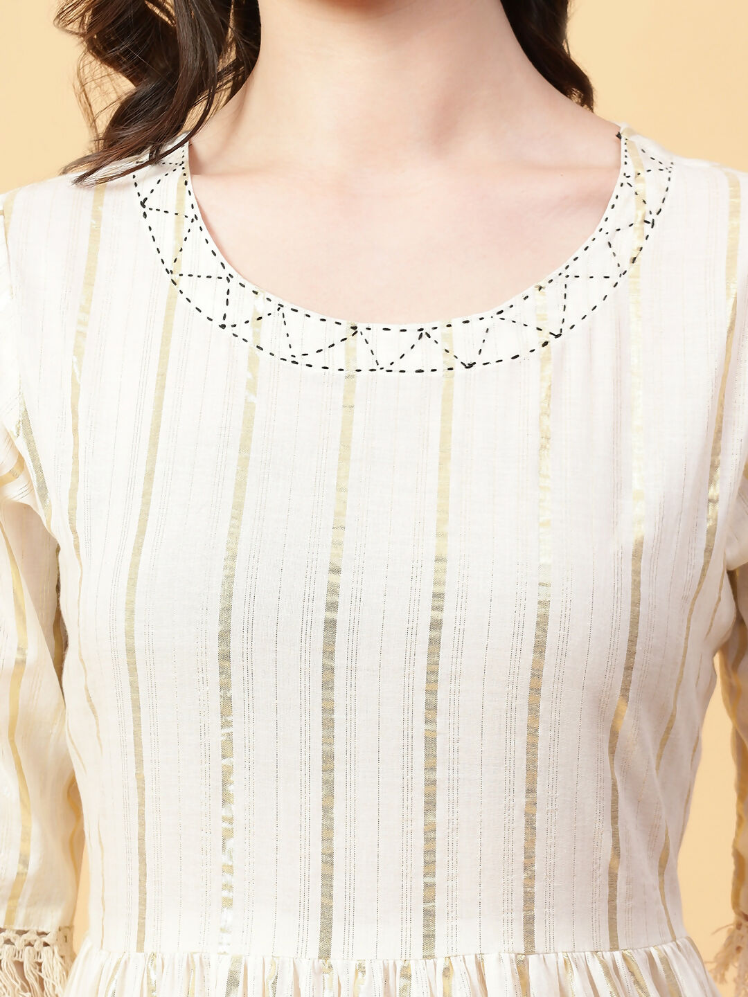 Cream Cotton Lurex Hand Work Dress