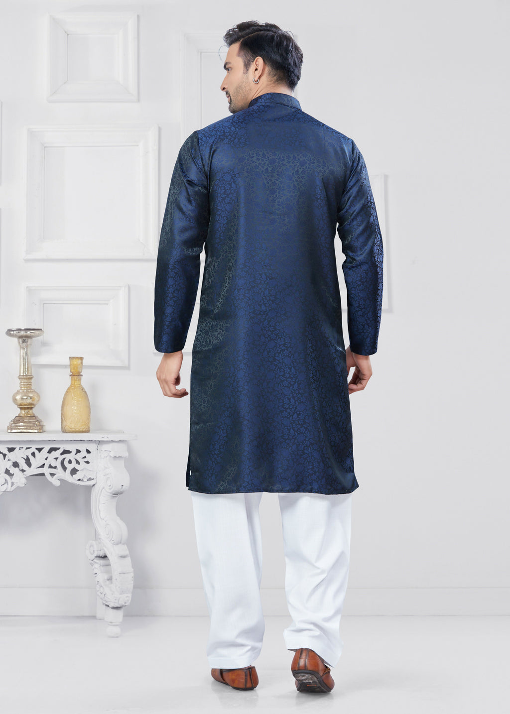 Navy Blue Jacquard Silk Kurta Pyjama Set for Boys