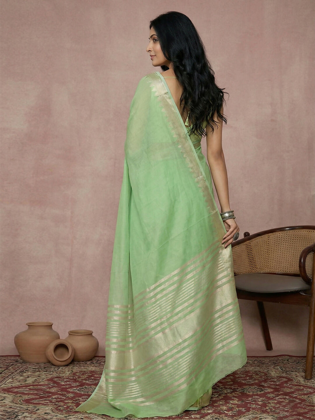 Light Green Cotton Saree with Matching Blouse Piece