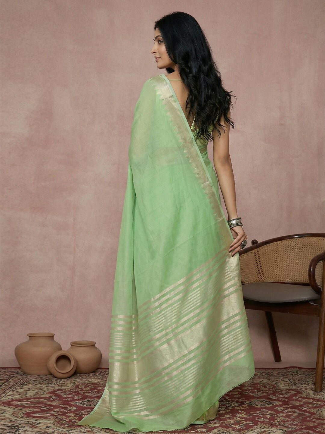 Light Green Cotton Saree with Matching Blouse Piece