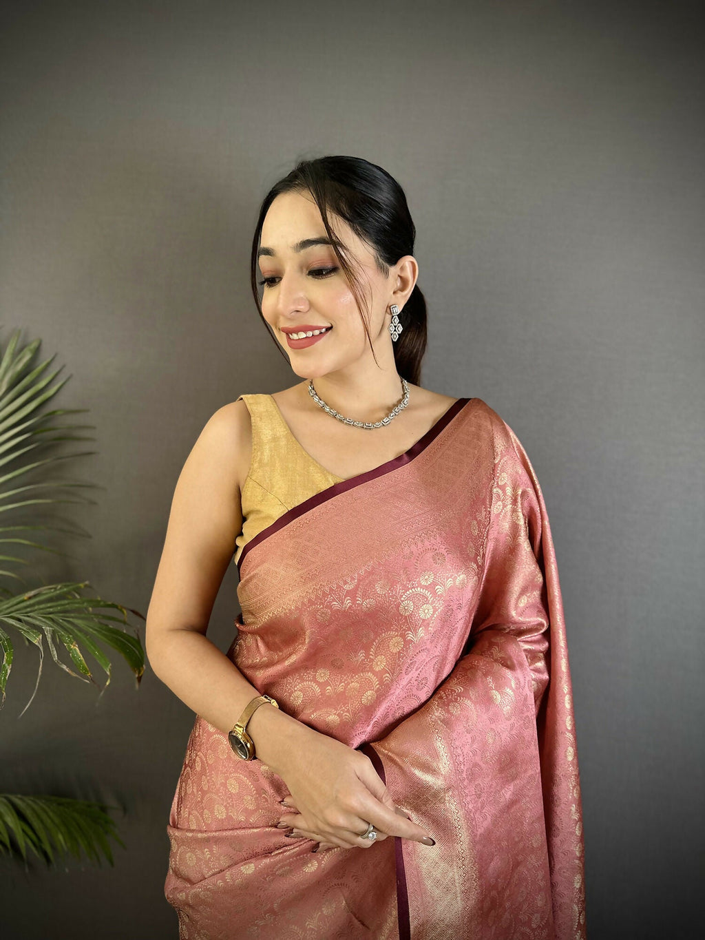 Dusty Pink Floral & Paisley Soft Satin Silk Banarasi Saree