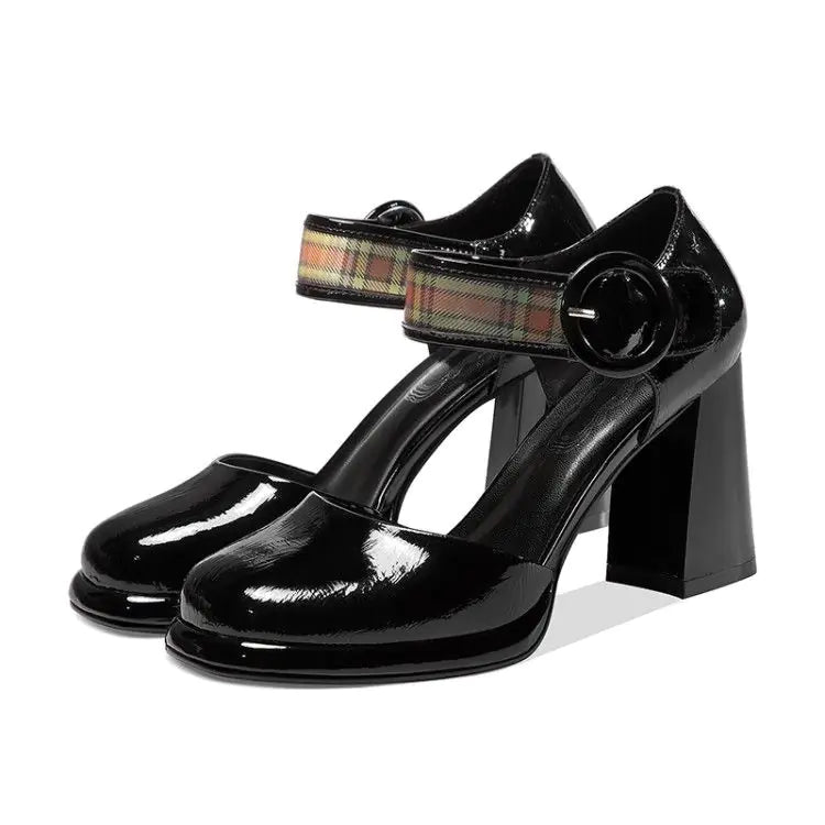 Women's Burgundy Patent Leather Block Heel Pumps with Plaid Strap - Image 12