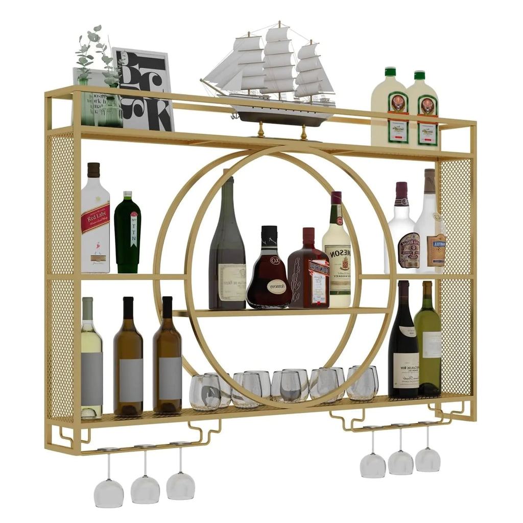 Modern Wine Storage Rack Wall Mounted With LED Light With Wine Glass HolderIron Bar Liquor ShelfFloating Wall Wine ShelvesBar Liquor Bottle Display Shelf For Kitchen Bar Decoration Gold/Black ( Col