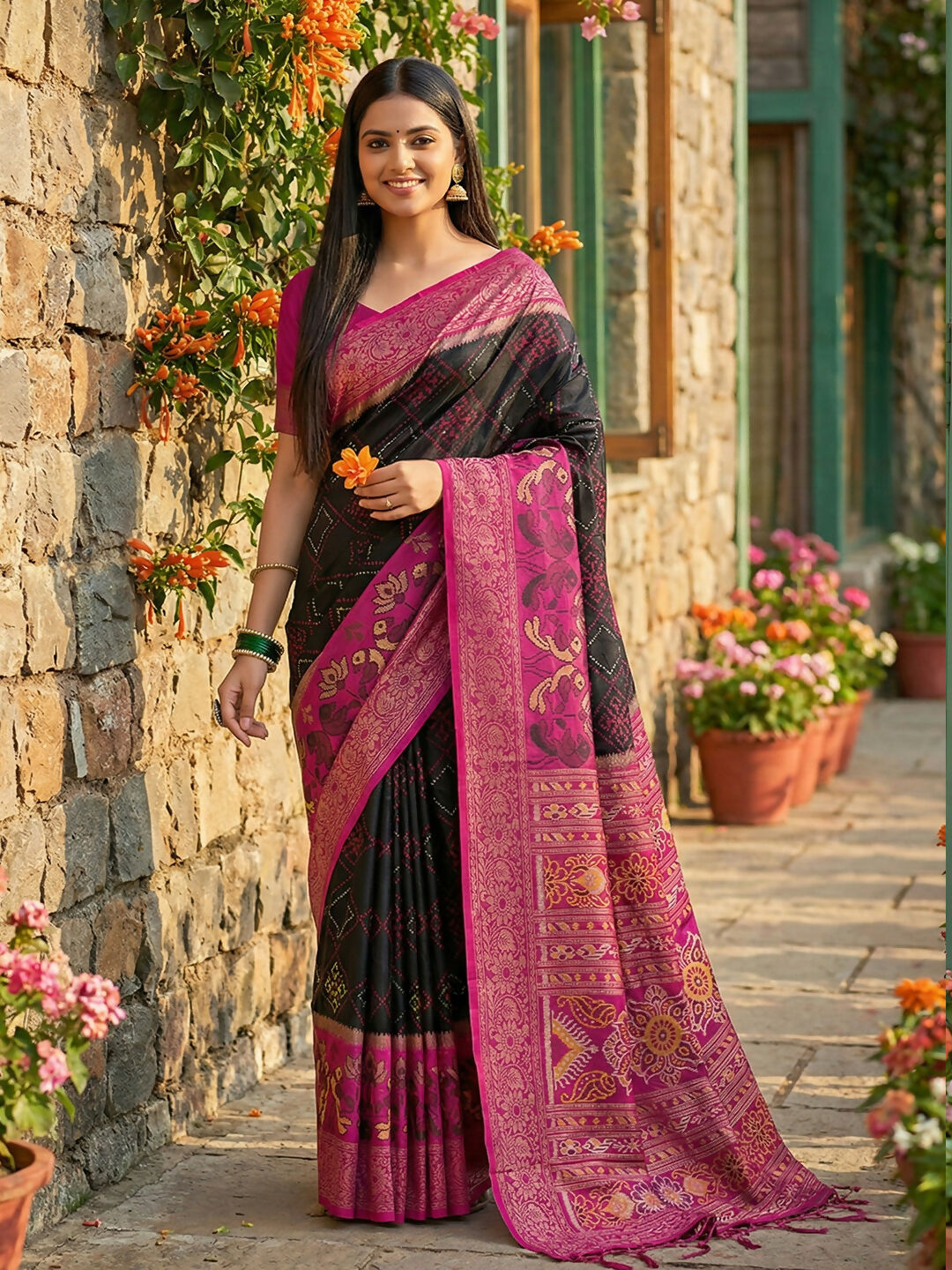 Sophisticated Black Pochampally silk saree with intricate traditional weaves
