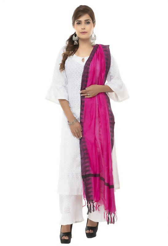 Cotton Black Temple Border Dupatta with Pink Accents