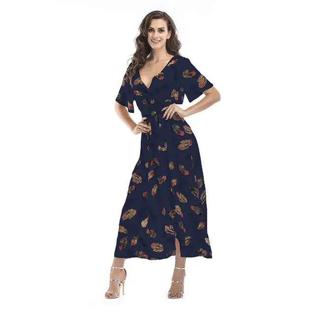 Women's Navy Blue Feather Print V-Neck Summer Maxi Dress - Image 22