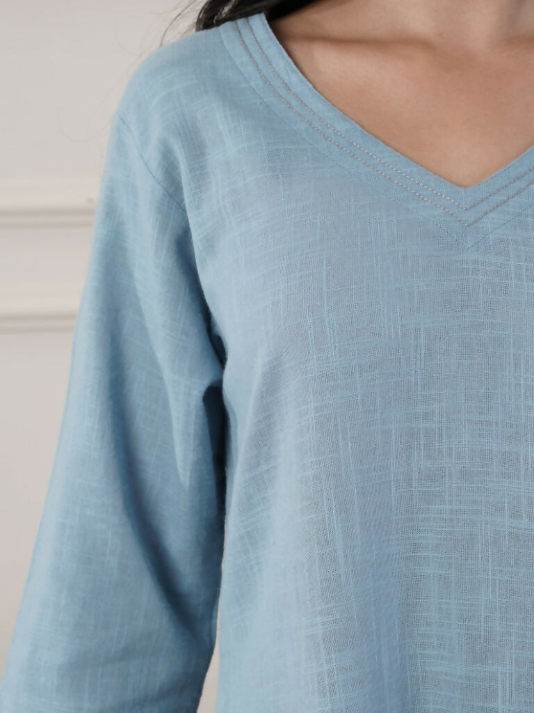 Women's Smoke Blue V-Neck Dress with Cap Sleeves