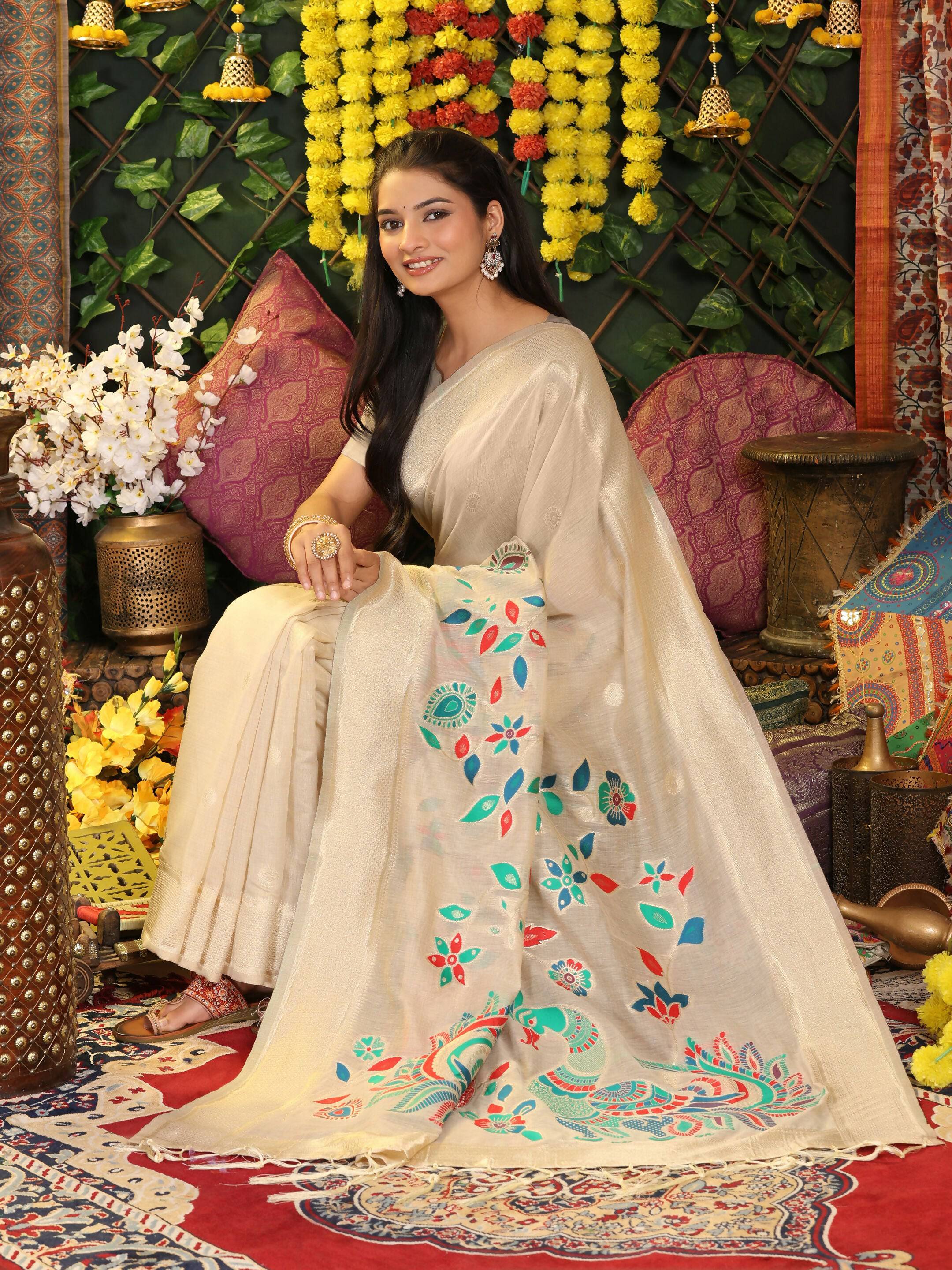 Shree Shyam Fashion Linen Cotton Cream Saree