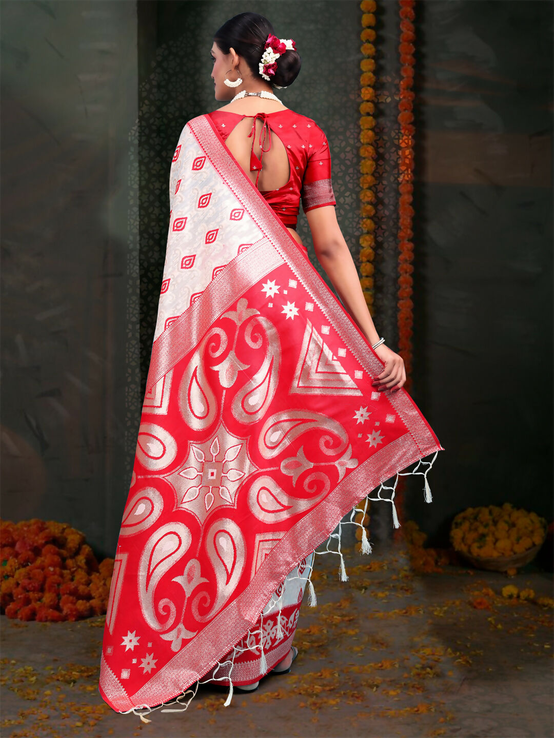 Devistuti Red and White Linen Cotton Saree with Blouse