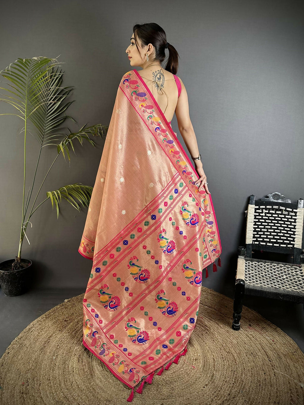 Dark Peach Tissue Paithani Saree with Traditional Zari Weaving