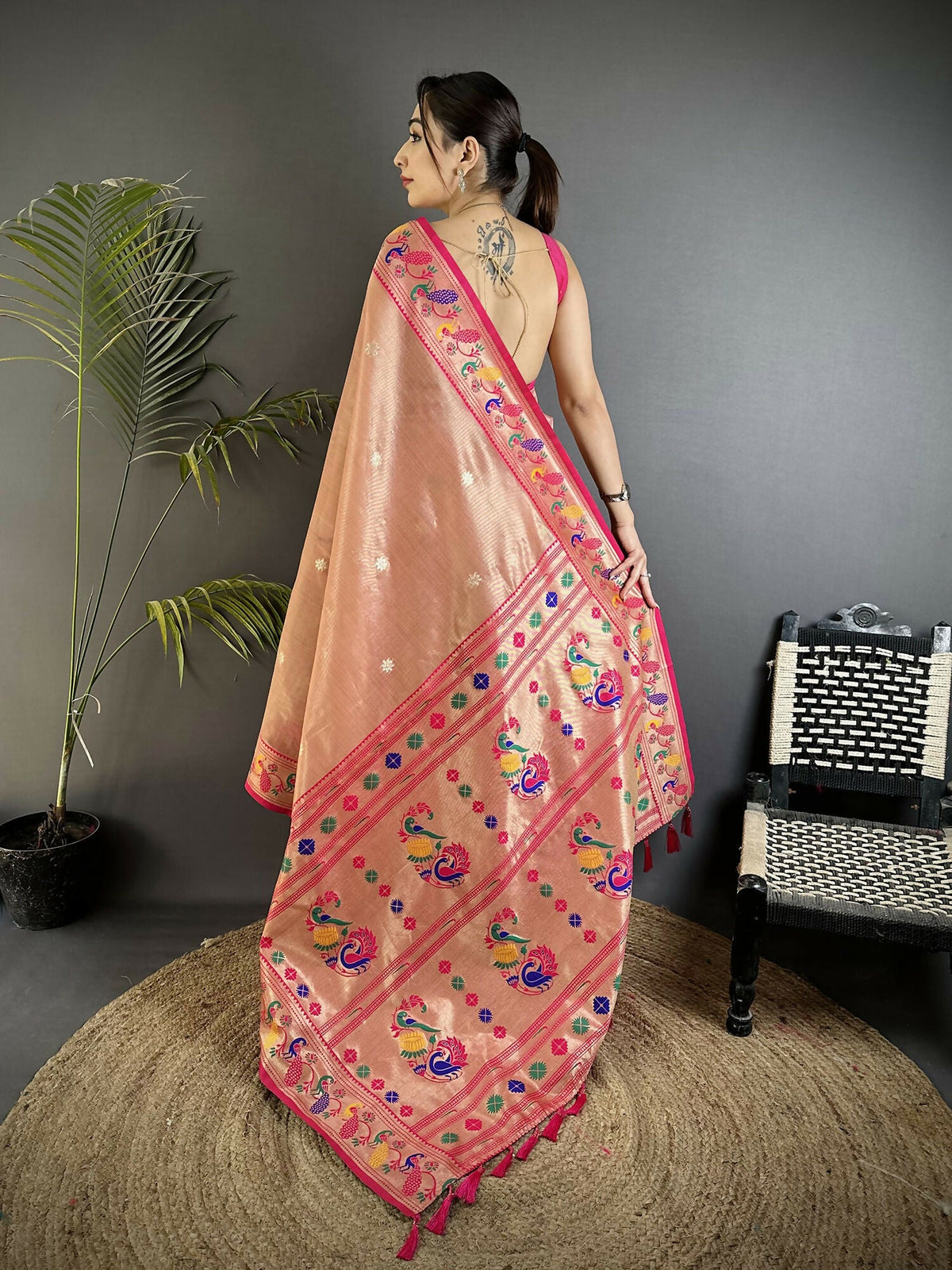 Dark Peach Tissue Paithani Saree with Traditional Zari Weaving
