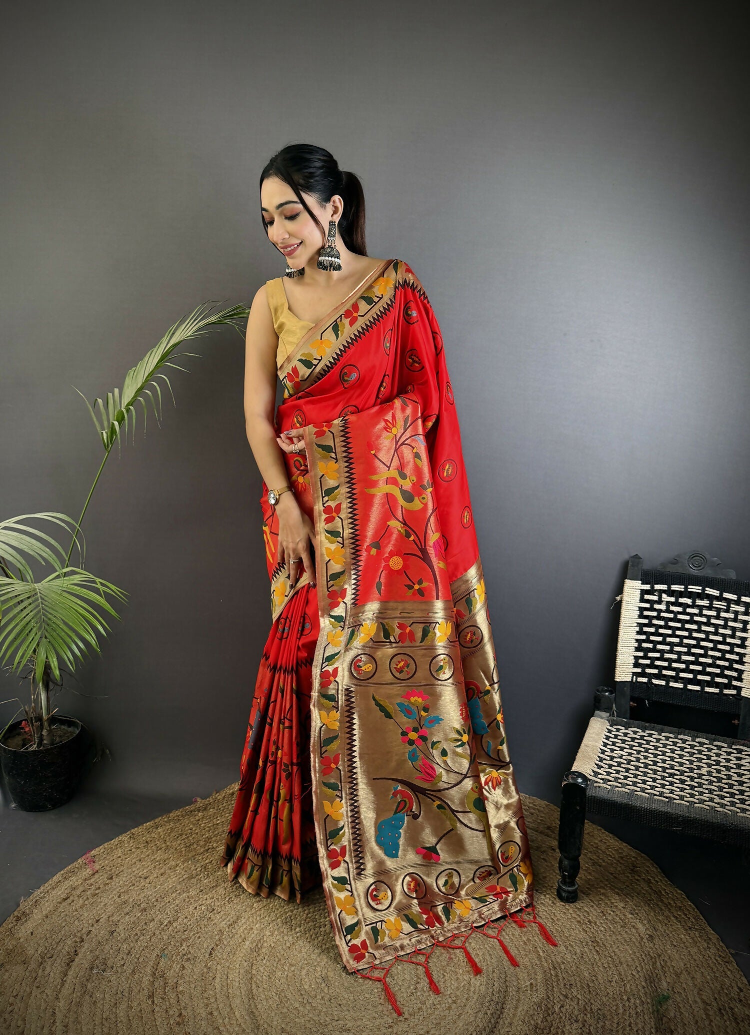 Joban Fashion Red Paithani Soft Silk Meenakari Saree