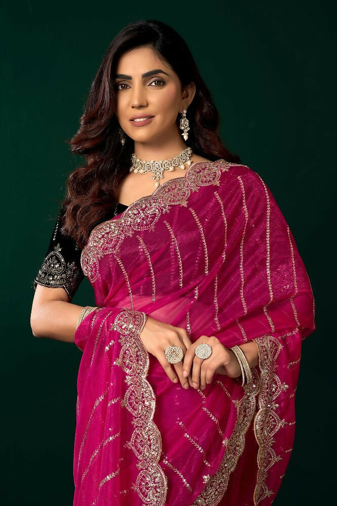Rani Pink Net Party Wear Saree with Black Velvet Blouse