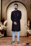Elegant wine-colored Indo-Western kurta with self-design pattern paired with matching pyjamas.