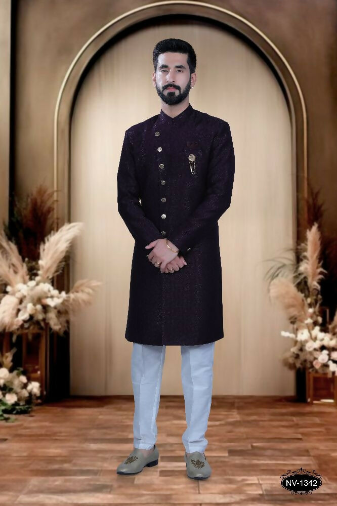 Elegant wine-colored Indo-Western kurta with self-design pattern paired with matching pyjamas.