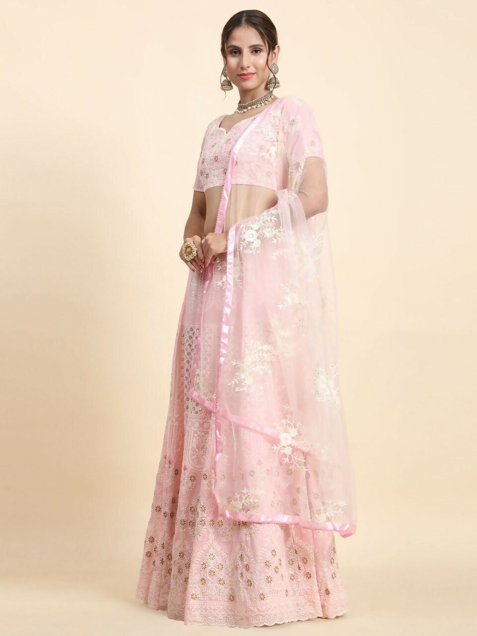 Baby Pink Faux Georgette Lehenga Choli with Sequins and Embroidery
