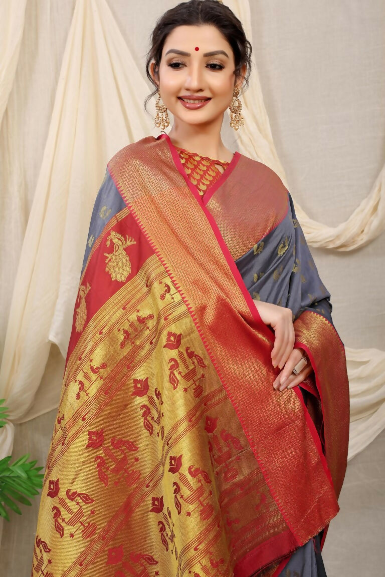 Grey Banarasi Silk Zari Woven Saree with Red Blouse