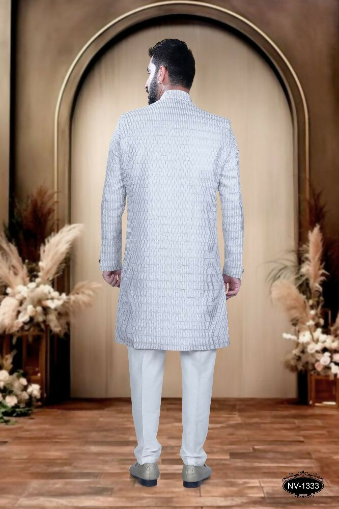 Men's Grey & White Cotton Silk Kurta with Pyjama Indo-Western Set
