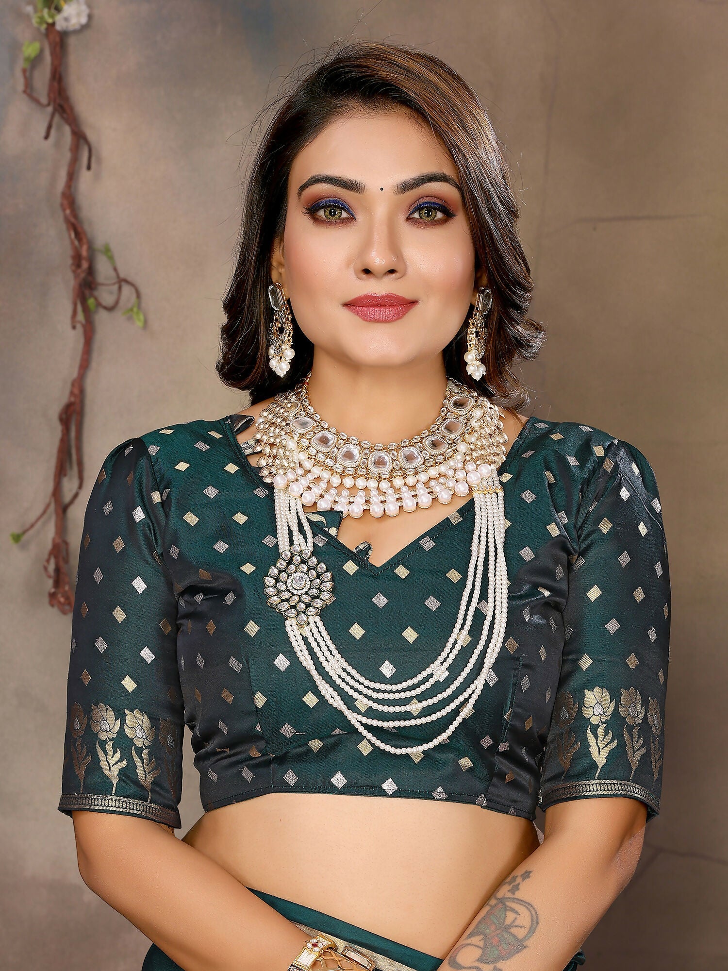 Dark Green Satin Silk Banarasi Saree with Floral Botanical Motifs