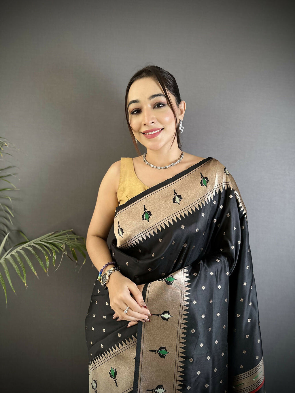 Black Peacock & Floral Motif Soft Lichi Silk Kanchipuram Saree