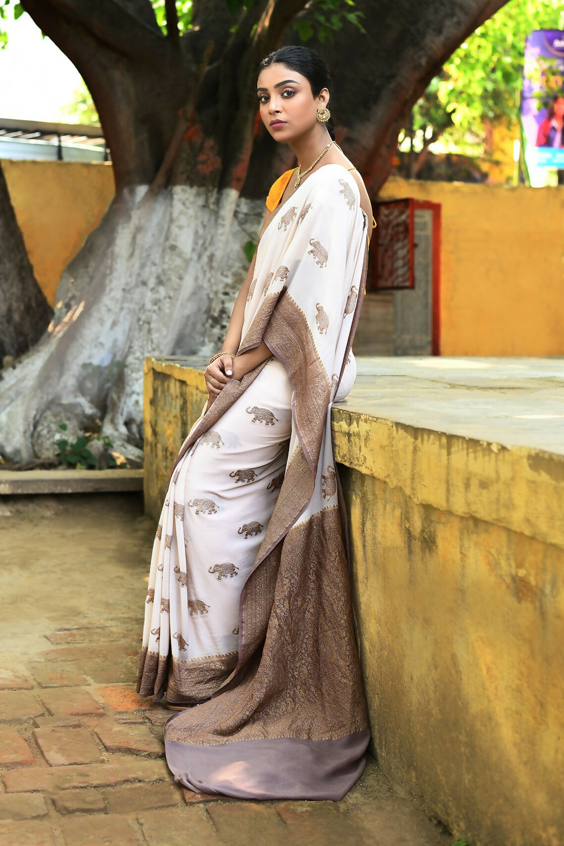 Ivory Crepe Chiffon Pure Handloom Banarasi Silk Saree