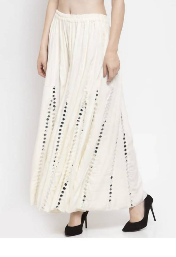 White Rayon Cotton Palazzo Pants with Shimmering Mirror Work