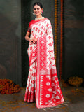 Red and white patterned linen cotton saree with matching blouse fabric.
