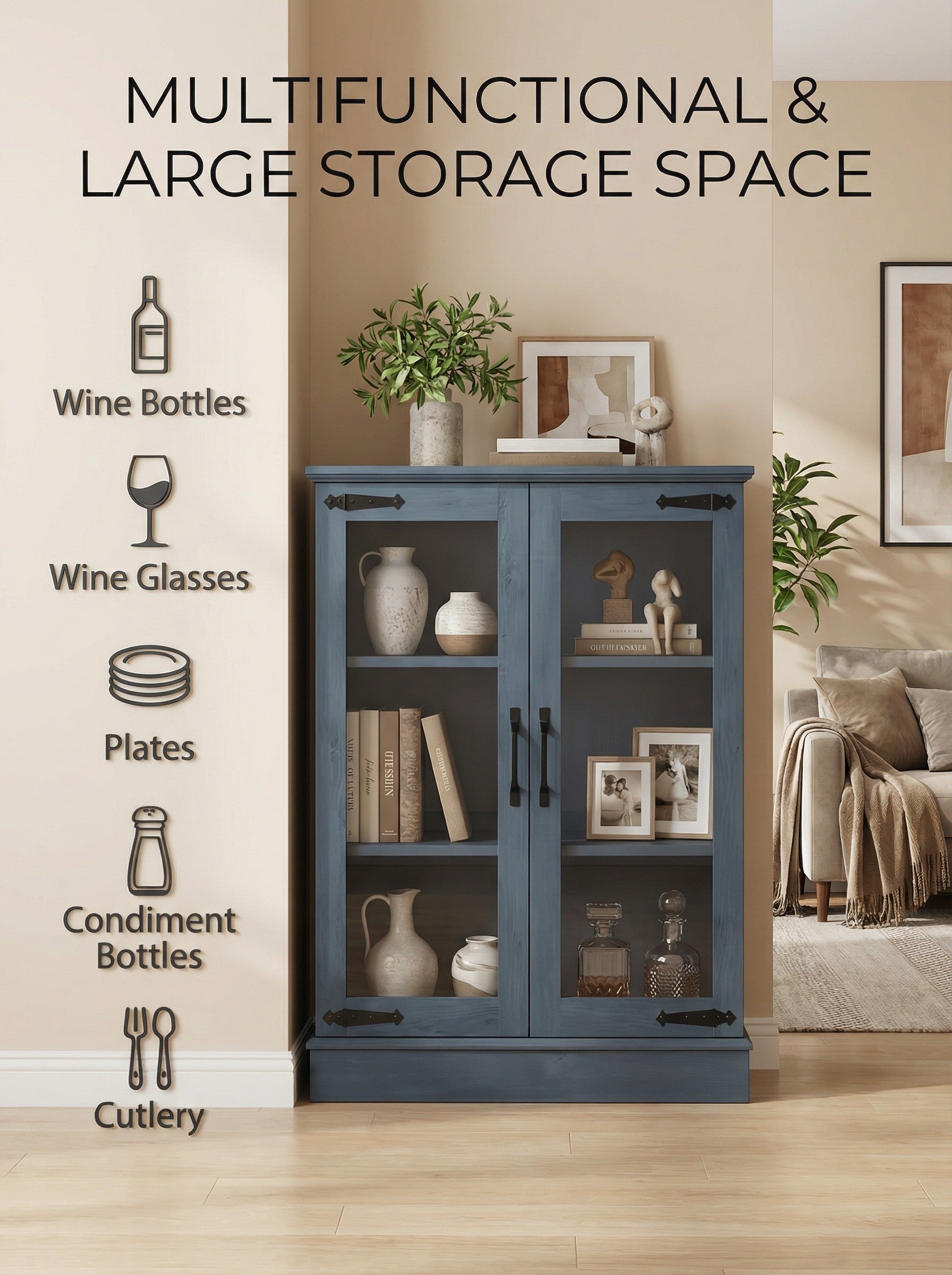 Modern Glass Door Cabinet with Adjustable Shelves, Compact Storage