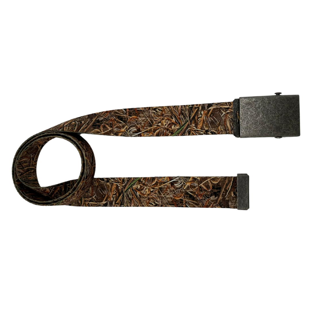 Woodland camouflage pattern webbing belt with multiple interchangeable buckle options shown in silver, stone wash, rose gold, and black finishes.