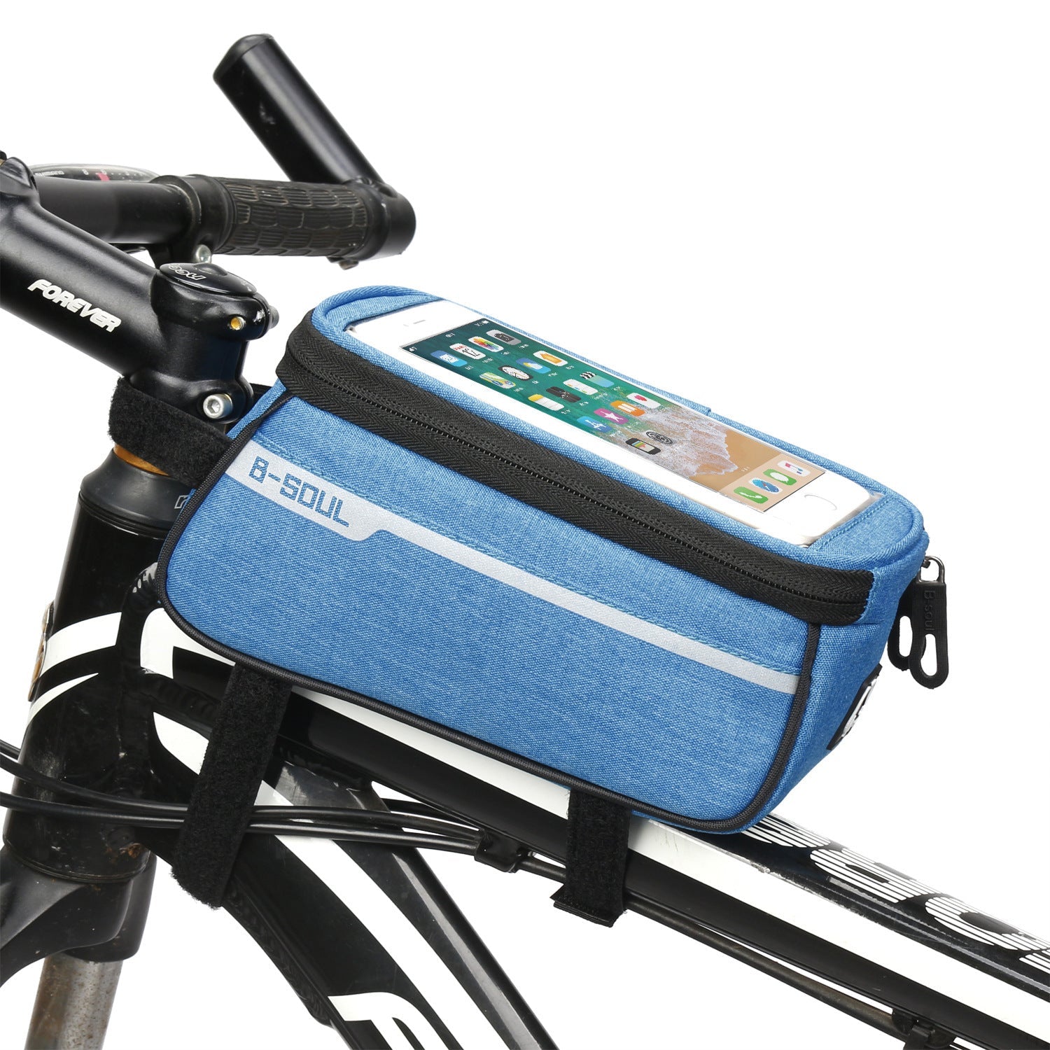 Waterproof universal bike handlebar phone mount bag attached to a bicycle frame