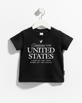 A soft 100% cotton kids t-shirt featuring a Land of the Free graphic design