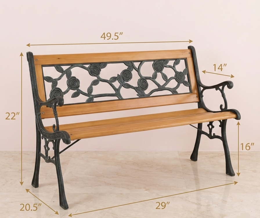 Traditional Cast Iron & Wood Garden Bench - 49.5" Outdoor Seating