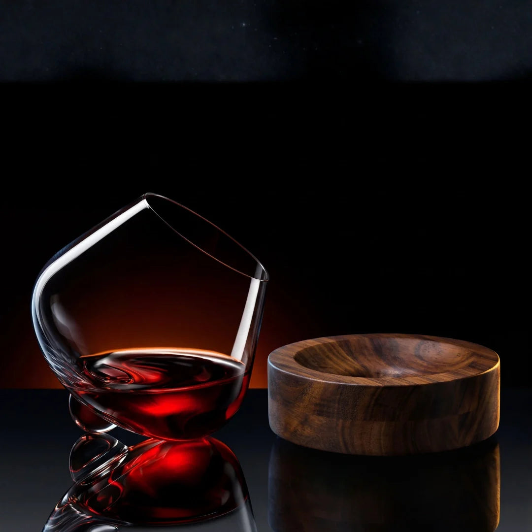 Rotating Crystal Wine Glass with Wooden Coaster for Aeration