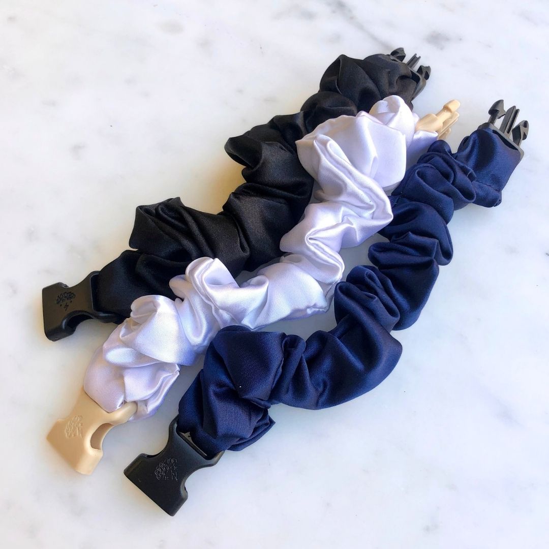 3-Pack Neutral Satin Hair Scrunchies - Black, White, Navy Blue