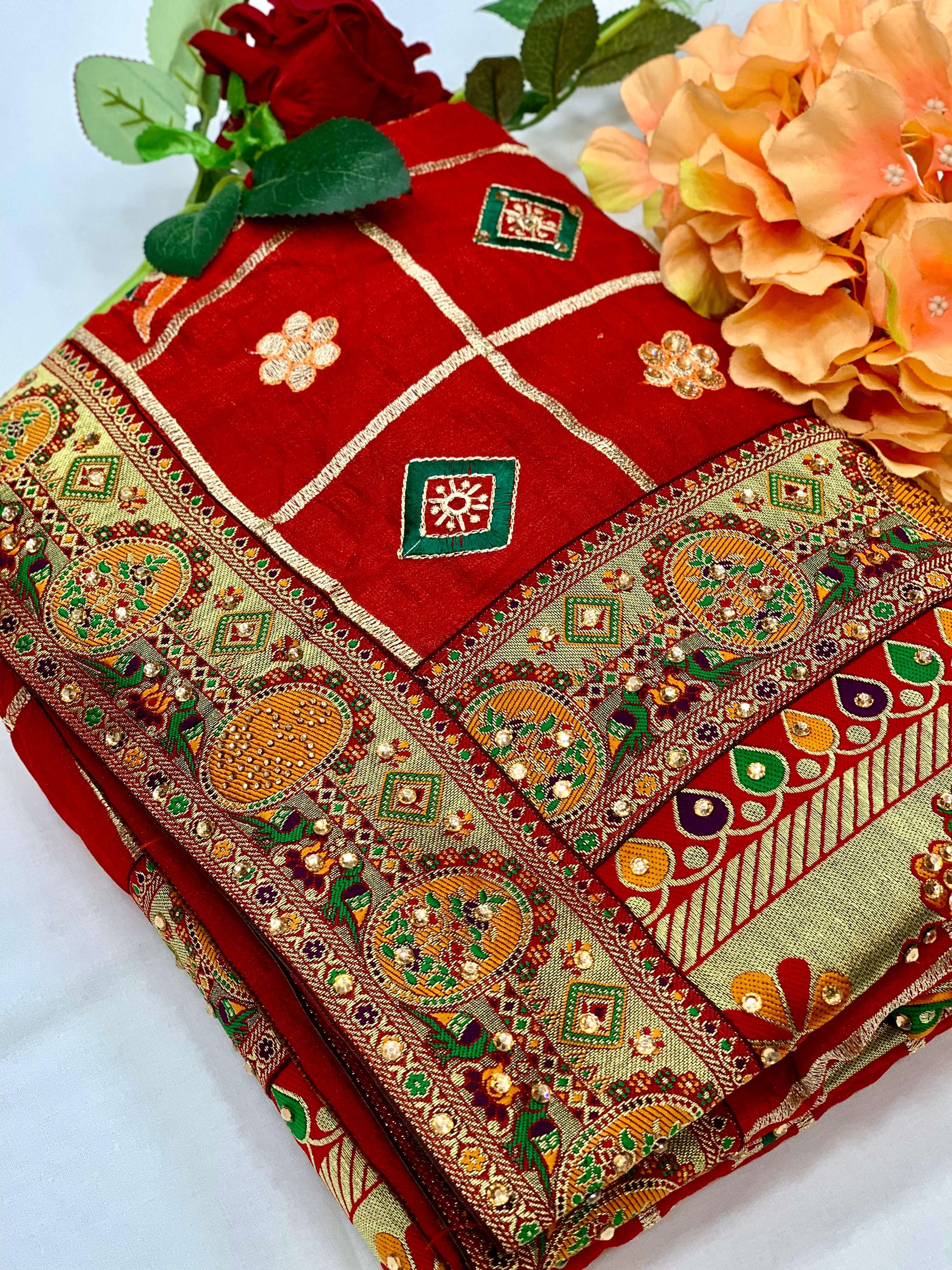Premium Red Vichitra Silk Saree with Diamond and Embroidery Work