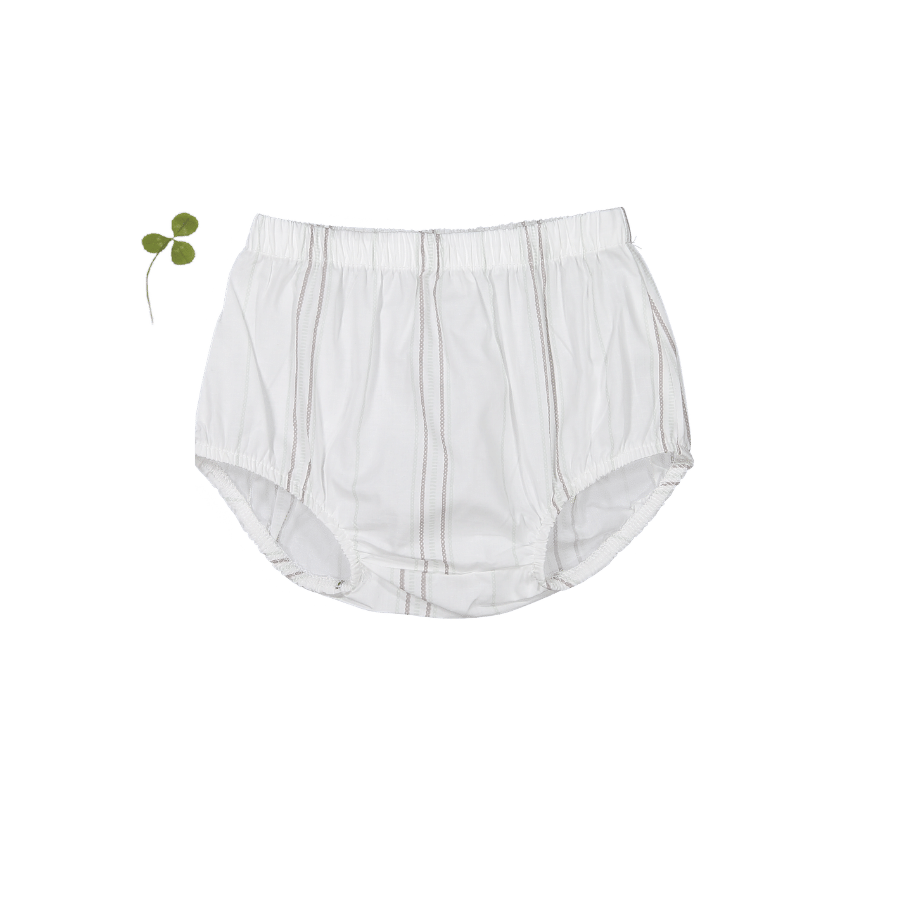 Classic kids woven bloomers in white and mist-grey vertical stripe pattern