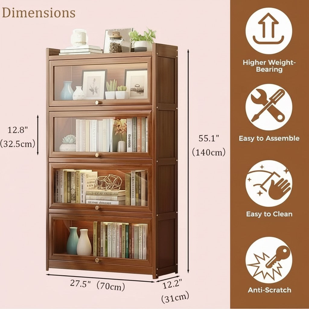 Tall 4-Tier Bamboo Bookshelf with Modern Clear Acrylic Doors