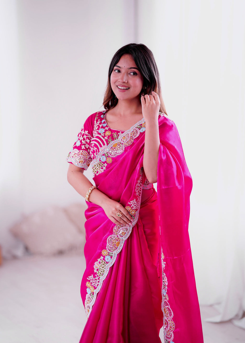 Magenta Jimmy Choo Saree with Sequins and Thread Embroidery Work