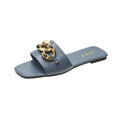 Gold Chain Detail Closed Toe Mules Flat Square Head Slip On Slides