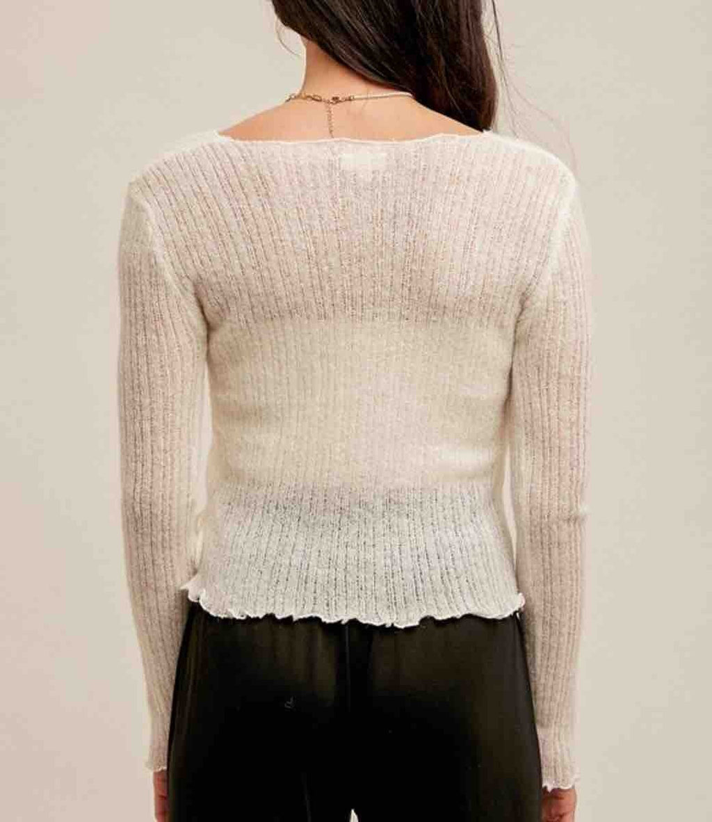 Off White Pointelle Tie Waist Sweater Top - Lightweight Knit