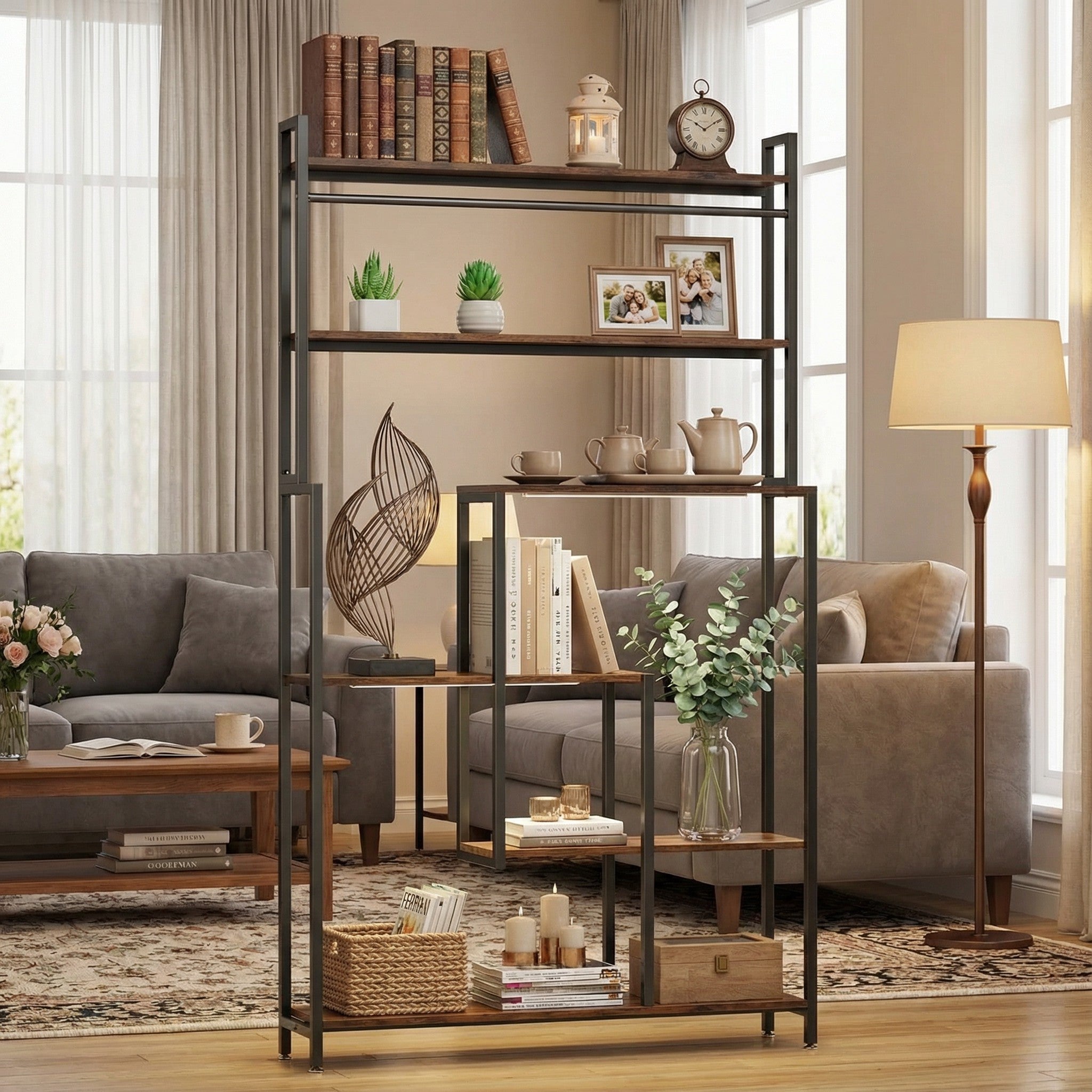 5-tier industrial wood and black metal display shelf with glowing LED lights showcasing decor