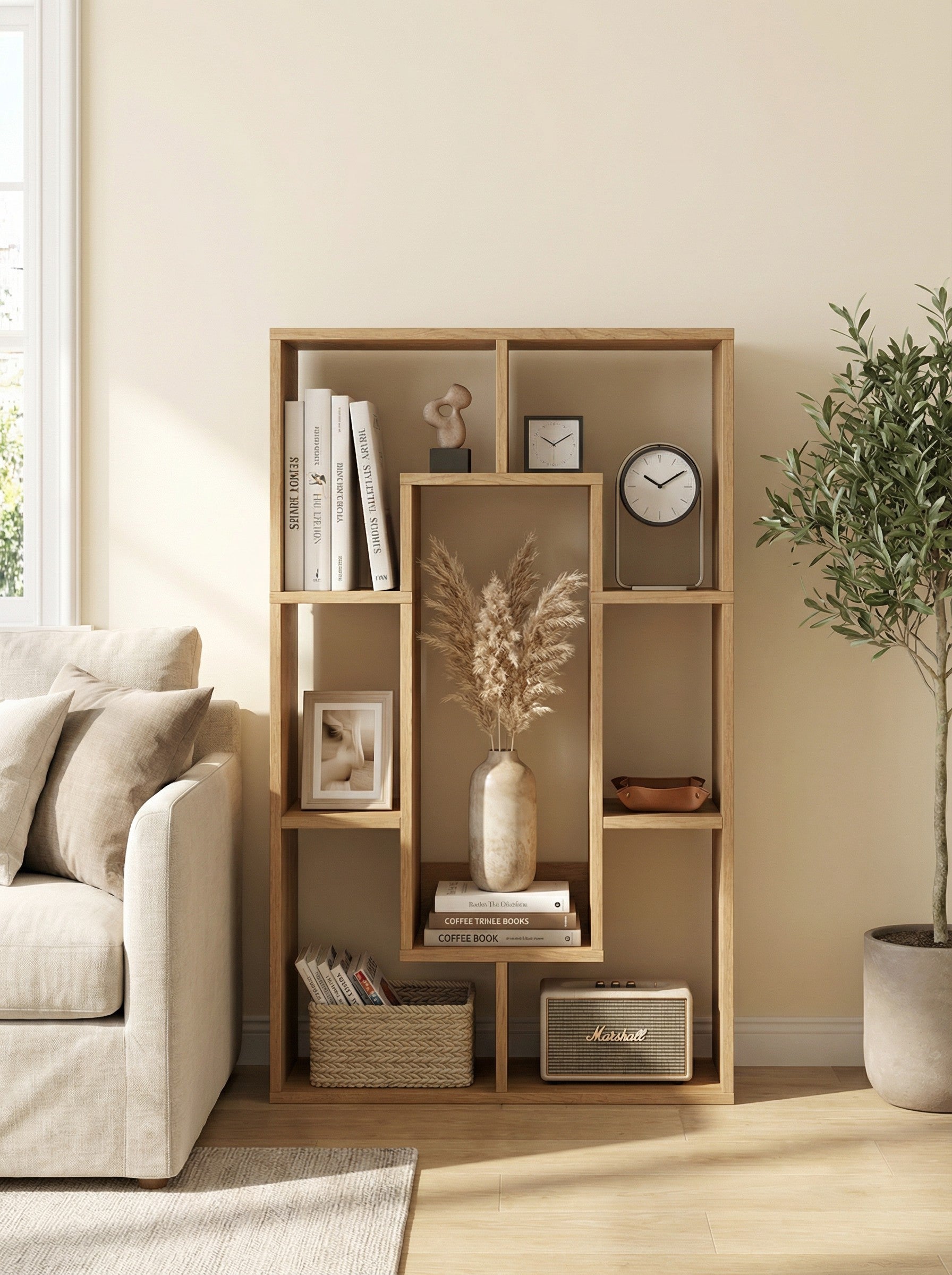 7-Tier Geometric Bookshelf, Narrow Bookcase for Small Spaces