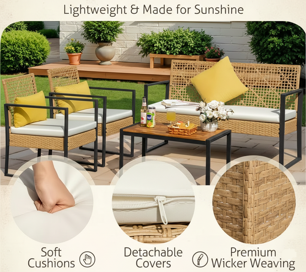 4-Piece Outdoor Patio Furniture Set with Wicker Rattan Sofa & Table
