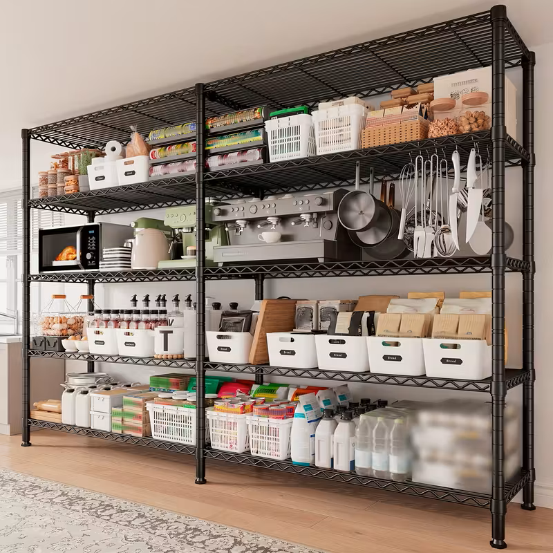 Adjustable industrial matte black wire shelving unit in a modern living room setting