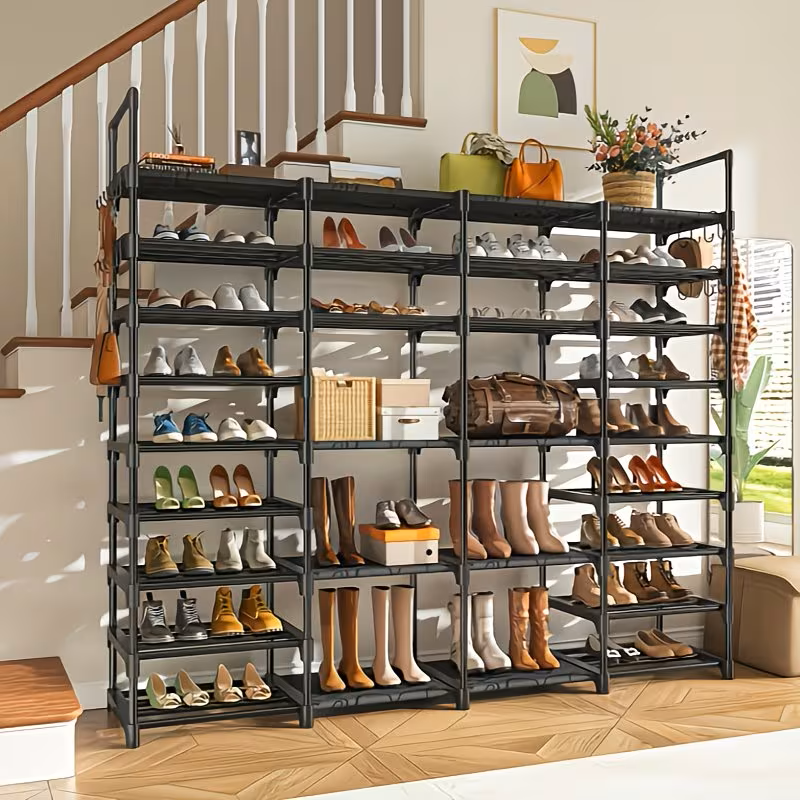 Large multi-layer shoe rack organizer with hooks for entryway storage