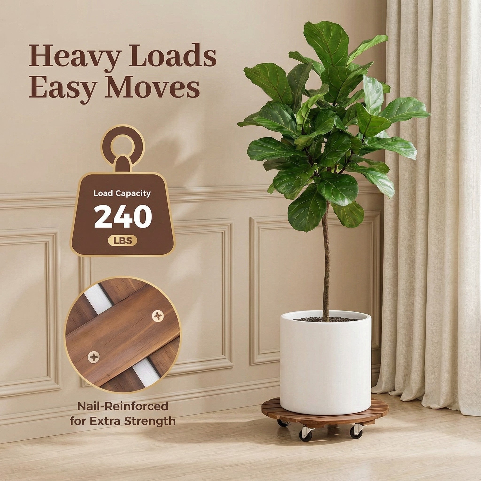 Set of two heavy-duty wooden rolling plant caddies with 360-degree lockable wheels.