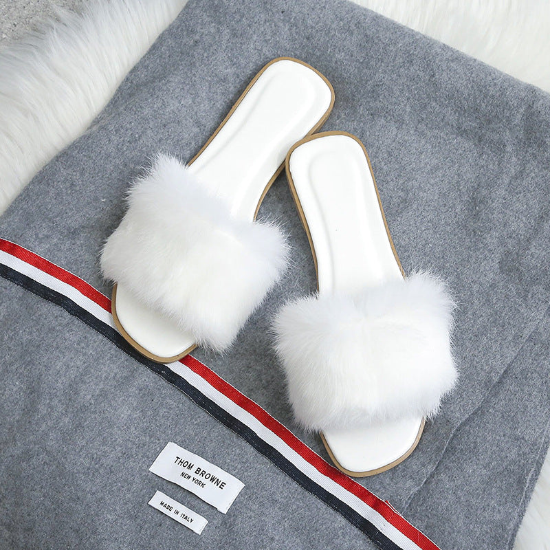 Women’s Faux Fur Slides – Open Toe Fluffy Flat Sandals